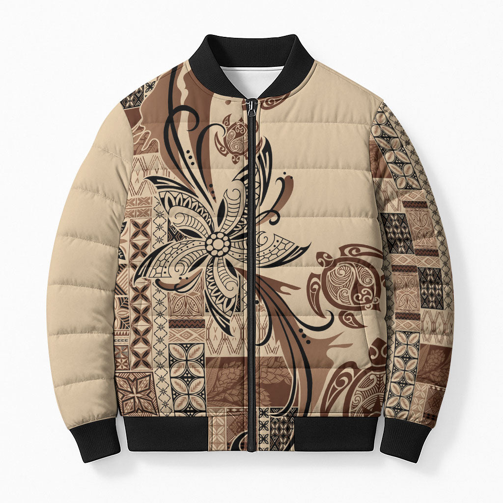 Talofa Samoa Mamanu Siapo Mix Malu Bomber Puffer Jacket Classic Beige Frangipani and Turtles