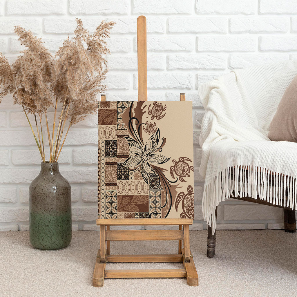 Talofa Samoa Mamanu Siapo Mix Malu Canvas Wall Art Classic Beige Frangipani and Turtles
