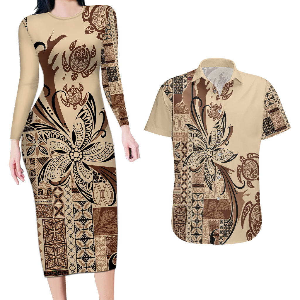 Talofa Samoa Mamanu Siapo Mix Malu Couples Matching Long Sleeve Bodycon Dress and Hawaiian Shirt Classic Beige Frangipani and Turtles