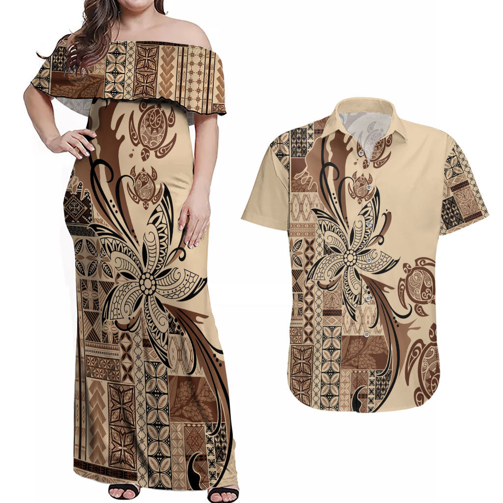 Talofa Samoa Mamanu Siapo Mix Malu Couples Matching Off Shoulder Maxi Dress and Hawaiian Shirt Classic Beige Frangipani and Turtles
