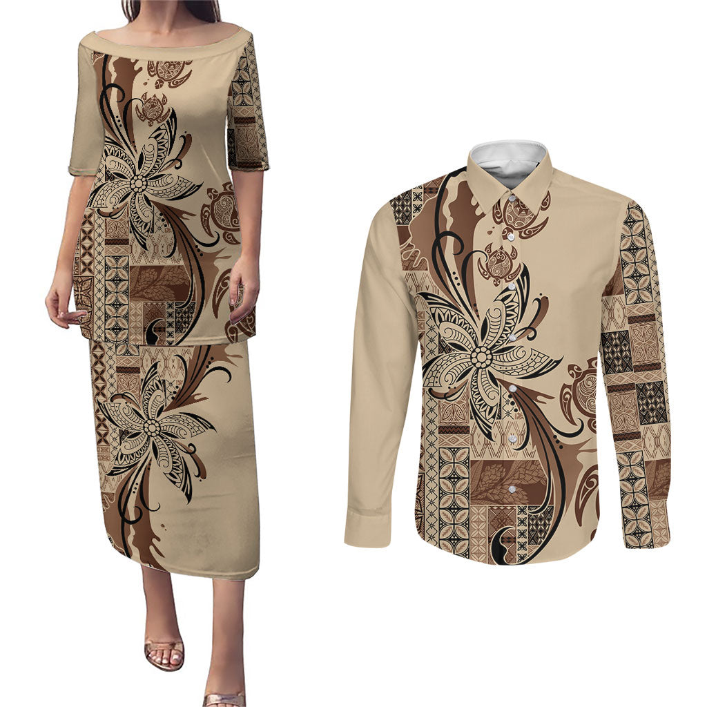 Talofa Samoa Mamanu Siapo Mix Malu Couples Matching Puletasi and Long Sleeve Button Shirt Classic Beige Frangipani and Turtles