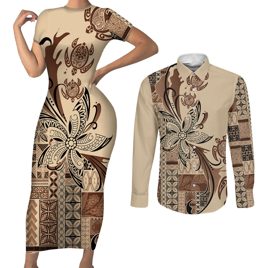 Talofa Samoa Mamanu Siapo Mix Malu Couples Matching Short Sleeve Bodycon Dress and Long Sleeve Button Shirt Classic Beige Frangipani and Turtles LT7 Beige - Polynesian Pride