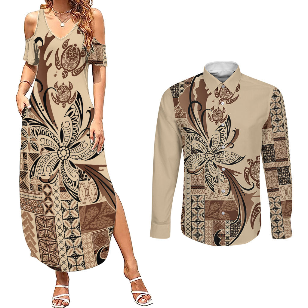 Talofa Samoa Mamanu Siapo Mix Malu Couples Matching Summer Maxi Dress and Long Sleeve Button Shirt Classic Beige Frangipani and Turtles