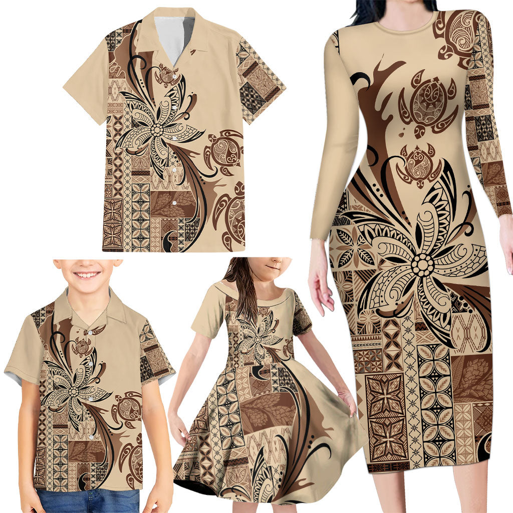 Talofa Samoa Mamanu Siapo Mix Malu Family Matching Long Sleeve Bodycon Dress and Hawaiian Shirt Classic Beige Frangipani and Turtles