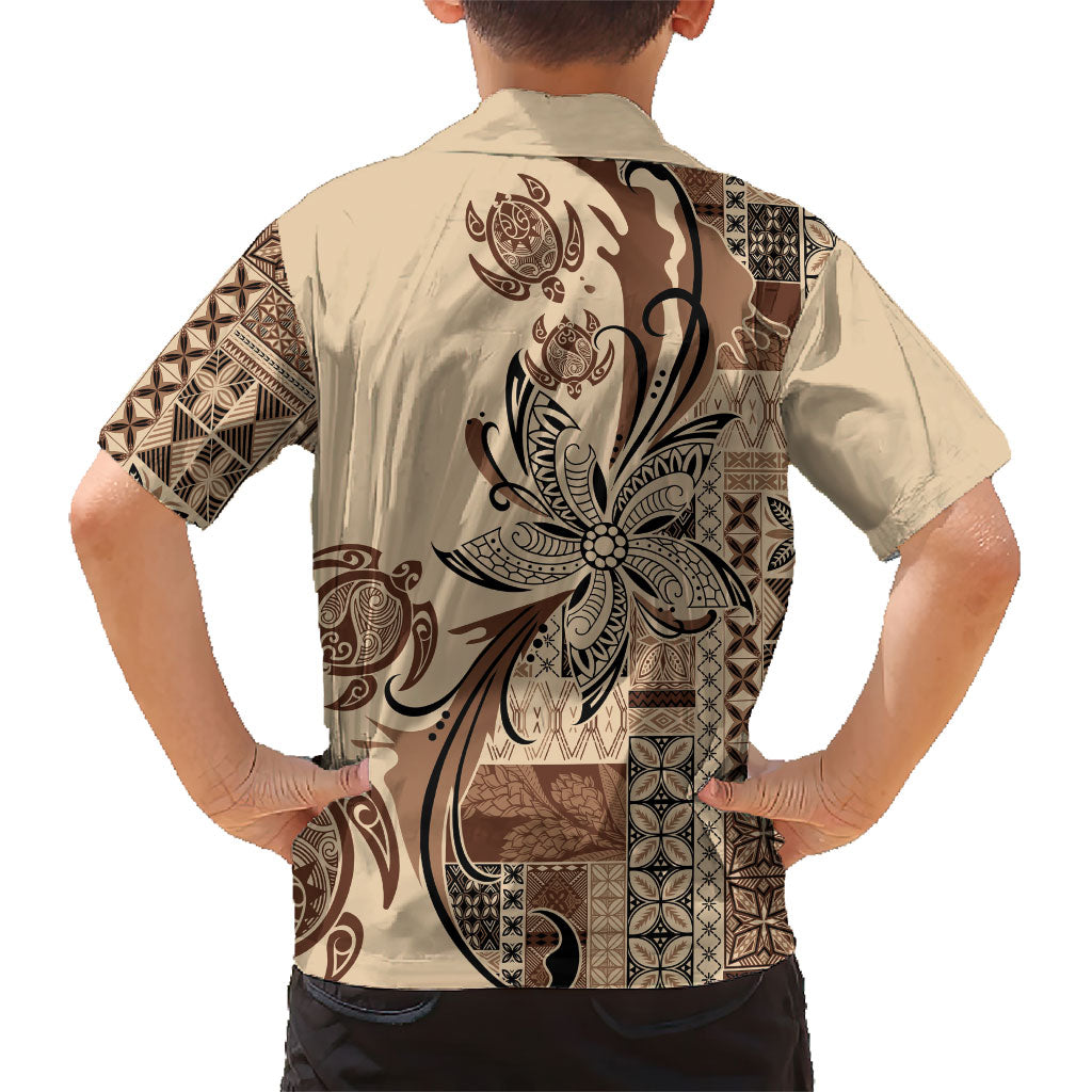 Talofa Samoa Mamanu Siapo Mix Malu Family Matching Off The Shoulder Long Sleeve Dress and Hawaiian Shirt Classic Beige Frangipani and Turtles LT7 - Polynesian Pride