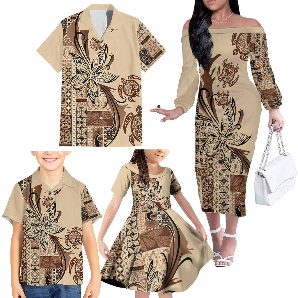 Talofa Samoa Mamanu Siapo Mix Malu Family Matching Off The Shoulder Long Sleeve Dress and Hawaiian Shirt Classic Beige Frangipani and Turtles