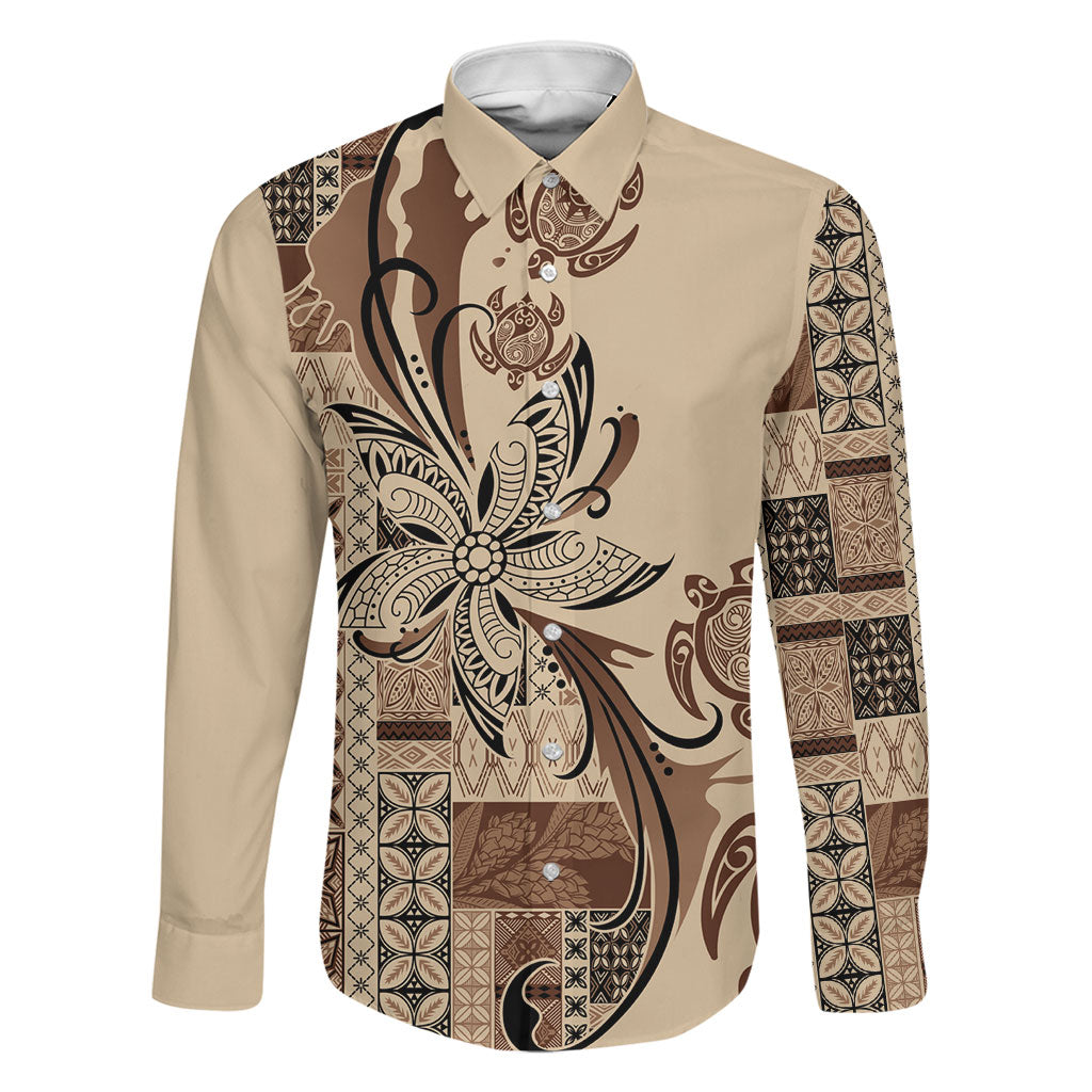 Talofa Samoa Mamanu Siapo Mix Malu Family Matching Off The Shoulder Long Sleeve Dress and Hawaiian Shirt Classic Beige Frangipani and Turtles LT7 Dad's Shirt - Long Sleeve Beige - Polynesian Pride