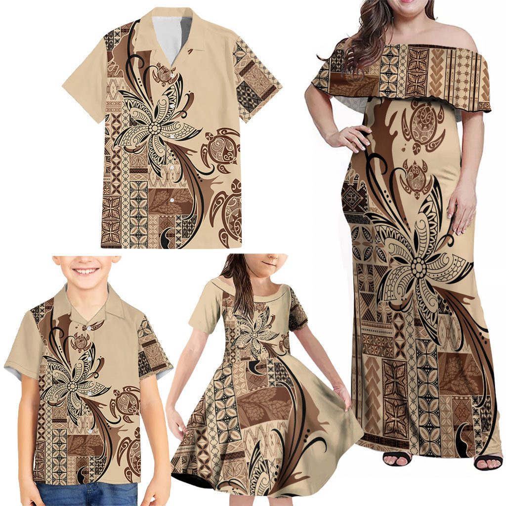 Talofa Samoa Mamanu Siapo Mix Malu Family Matching Off Shoulder Maxi Dress and Hawaiian Shirt Classic Beige Frangipani and Turtles