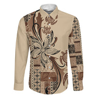 Talofa Samoa Mamanu Siapo Mix Malu Family Matching Puletasi and Hawaiian Shirt Classic Beige Frangipani and Turtles LT7 Dad's Shirt - Long Sleeve Beige - Polynesian Pride
