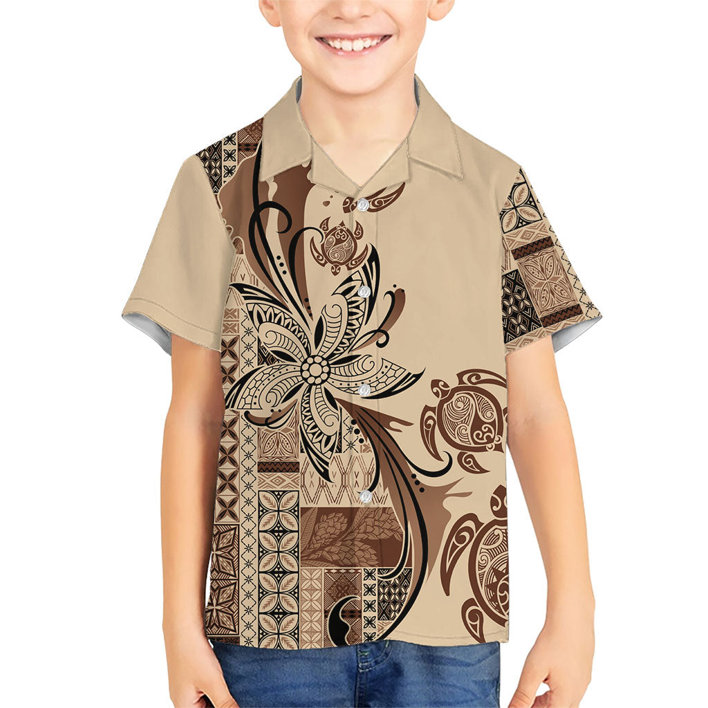 Talofa Samoa Mamanu Siapo Mix Malu Family Matching Short Sleeve Bodycon Dress and Hawaiian Shirt Classic Beige Frangipani and Turtles LT7 Son's Shirt Beige - Polynesian Pride