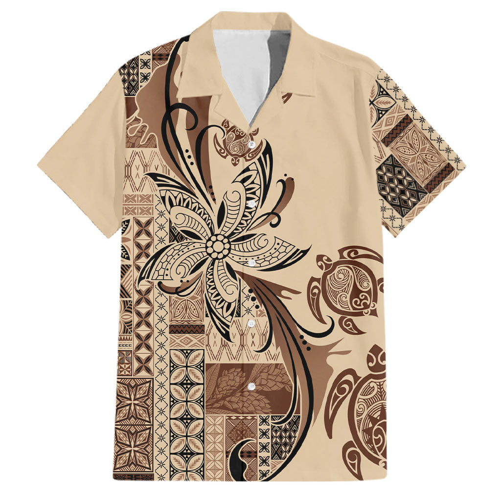 Talofa Samoa Mamanu Siapo Mix Malu Family Matching Summer Maxi Dress and Hawaiian Shirt Classic Beige Frangipani and Turtles LT7 Dad's Shirt - Short Sleeve Beige - Polynesian Pride