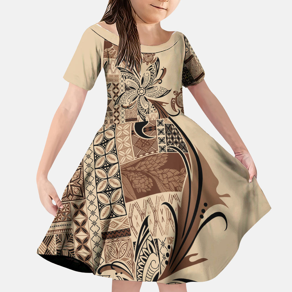 Talofa Samoa Mamanu Siapo Mix Malu Family Matching Tank Maxi Dress and Hawaiian Shirt Classic Beige Frangipani and Turtles LT7 Daughter's Dress Beige - Polynesian Pride