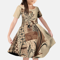 Talofa Samoa Mamanu Siapo Mix Malu Family Matching Tank Maxi Dress and Hawaiian Shirt Classic Beige Frangipani and Turtles LT7 Daughter's Dress Beige - Polynesian Pride
