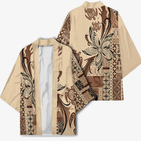 Talofa Samoa Mamanu Siapo Mix Malu Kimono Classic Beige Frangipani and Turtles