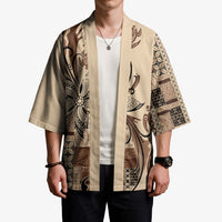 Talofa Samoa Mamanu Siapo Mix Malu Kimono Classic Beige Frangipani and Turtles