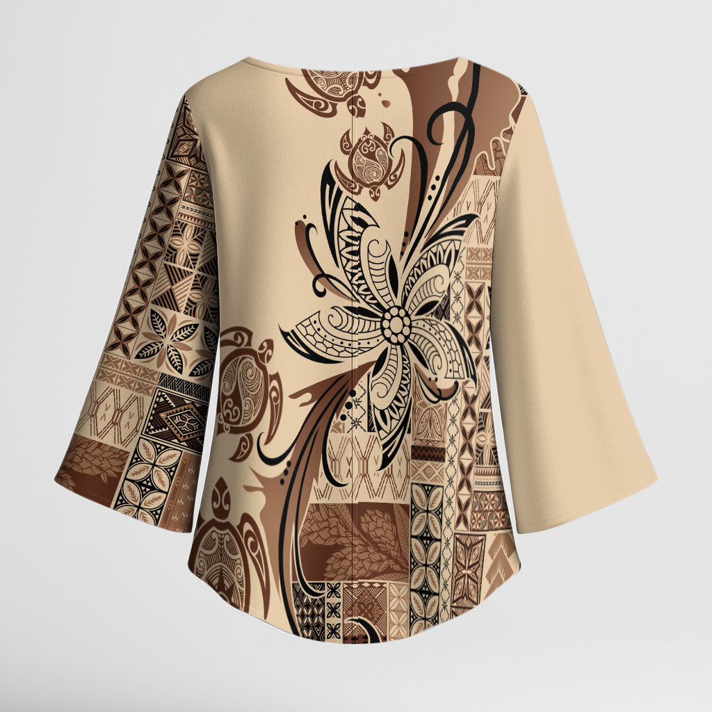 Talofa Samoa Mamanu Siapo Mix Malu Kimono Sleeve Blouse Classic Beige Frangipani and Turtles