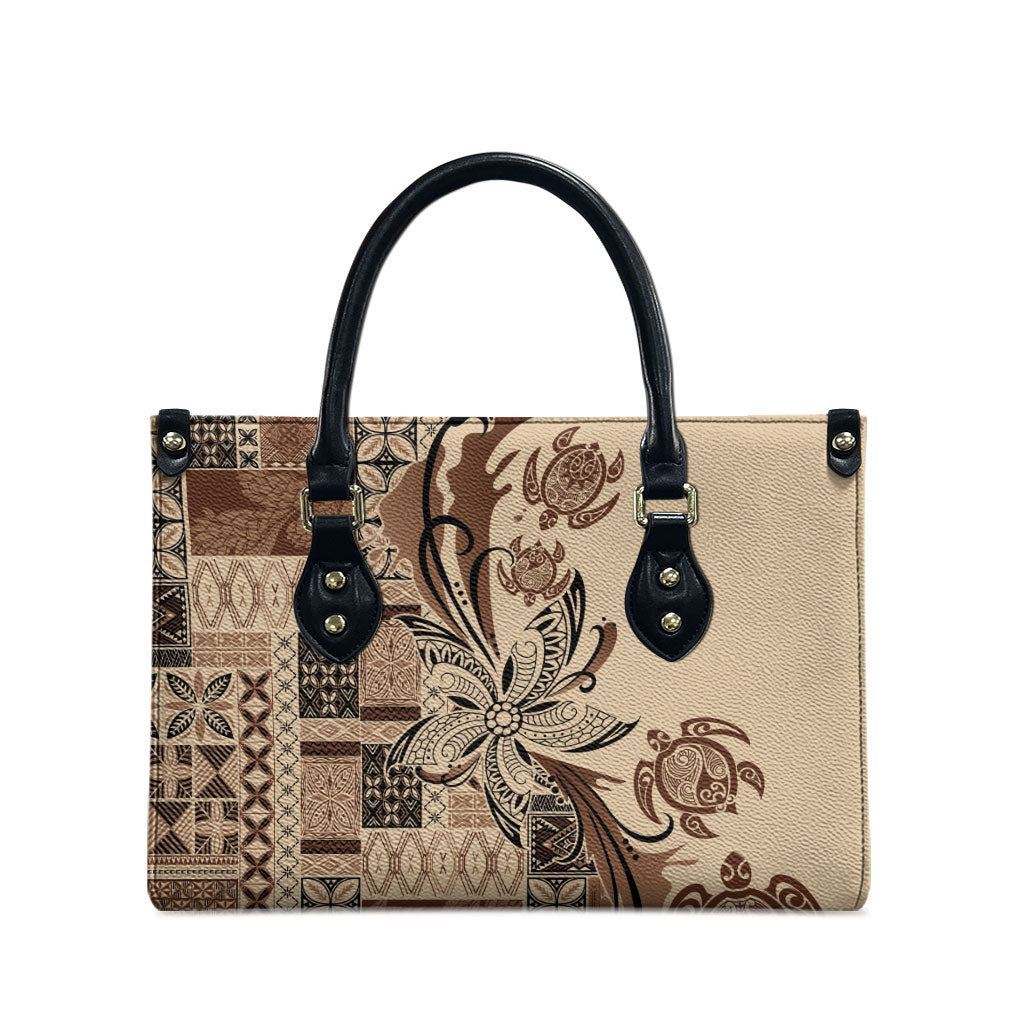 Talofa Samoa Mamanu Siapo Mix Malu Leather Bag Classic Beige Frangipani and Turtles