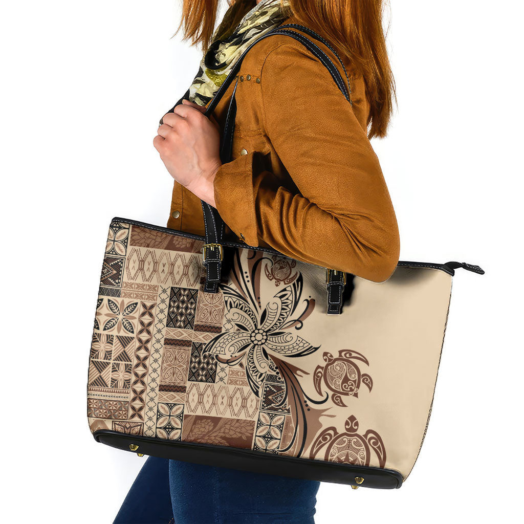 Talofa Samoa Mamanu Siapo Mix Malu Leather Tote Bag Classic Beige Frangipani and Turtles LT7 Beige - Polynesian Pride