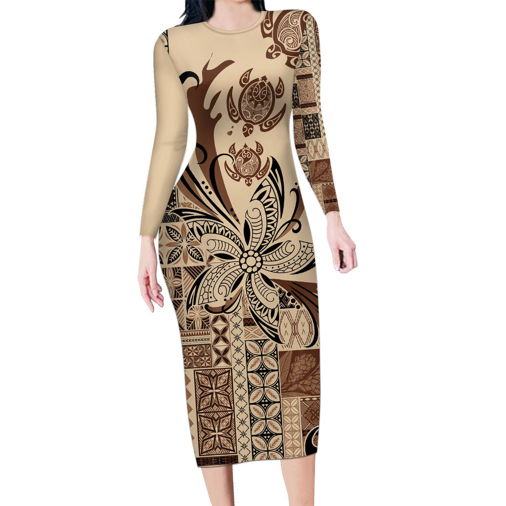 Talofa Samoa Mamanu Siapo Mix Malu Long Sleeve Bodycon Dress Classic Beige Frangipani and Turtles