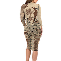 Talofa Samoa Mamanu Siapo Mix Malu Long Sleeve Bodycon Dress Classic Beige Frangipani and Turtles