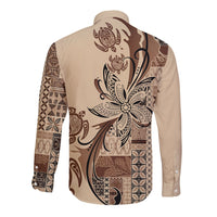 Talofa Samoa Mamanu Siapo Mix Malu Long Sleeve Button Shirt Classic Beige Frangipani and Turtles
