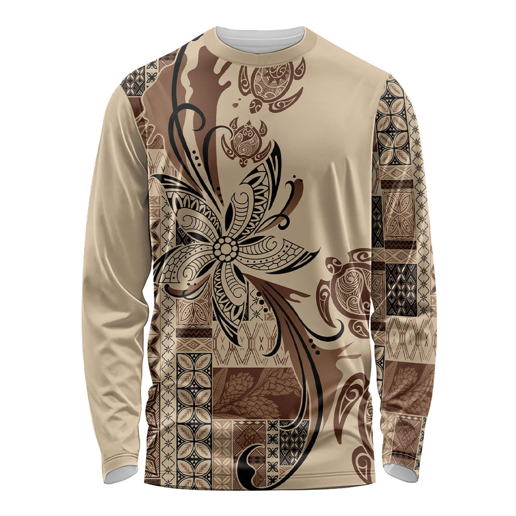 Talofa Samoa Mamanu Siapo Mix Malu Long Sleeve Shirt Classic Beige Frangipani and Turtles
