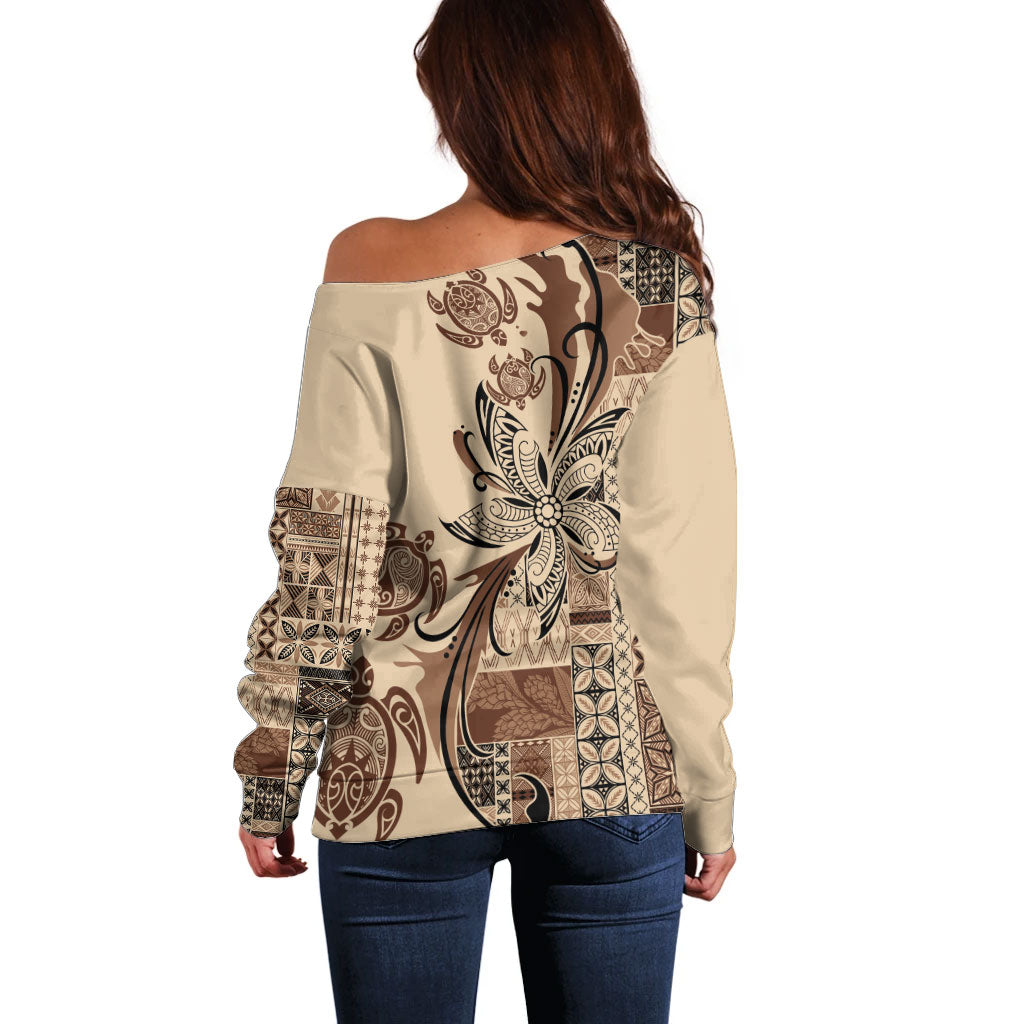 Talofa Samoa Mamanu Siapo Mix Malu Off Shoulder Sweater Classic Beige Frangipani and Turtles