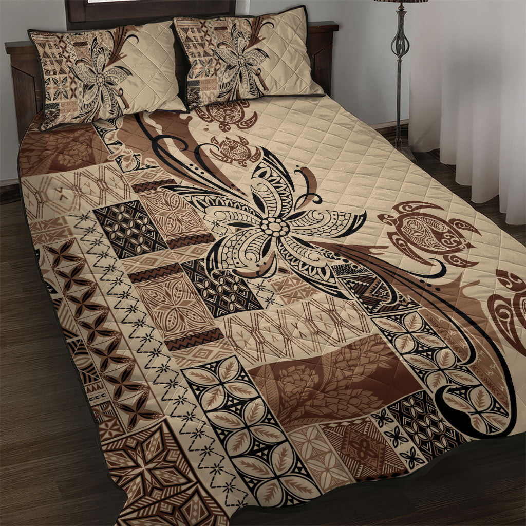 Talofa Samoa Mamanu Siapo Mix Malu Quilt Bed Set Classic Beige Frangipani and Turtles LT7 Beige - Polynesian Pride