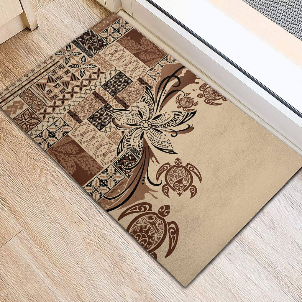 Talofa Samoa Mamanu Siapo Mix Malu Rubber Doormat Classic Beige Frangipani and Turtles