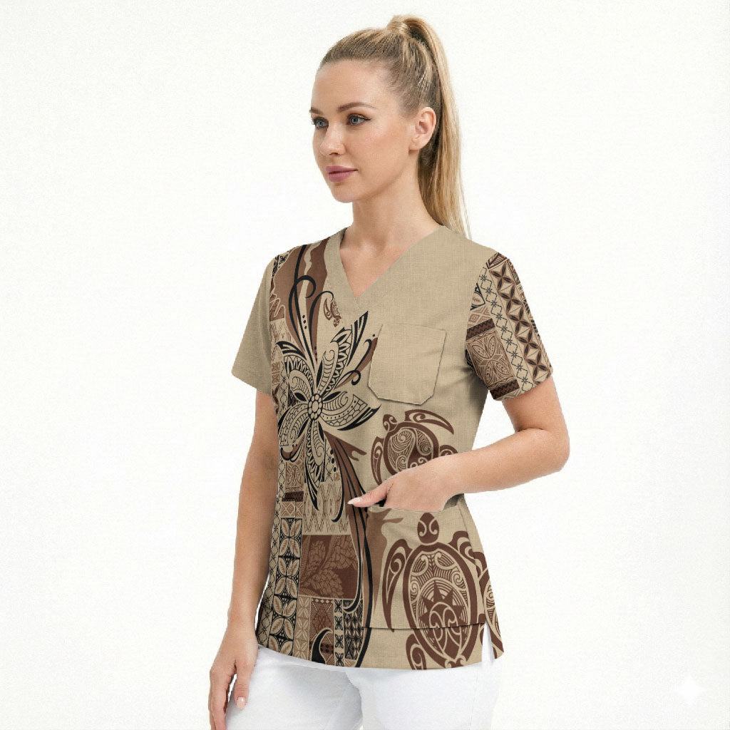 Talofa Samoa Mamanu Siapo Mix Malu Scrub Top Classic Beige Frangipani and Turtles