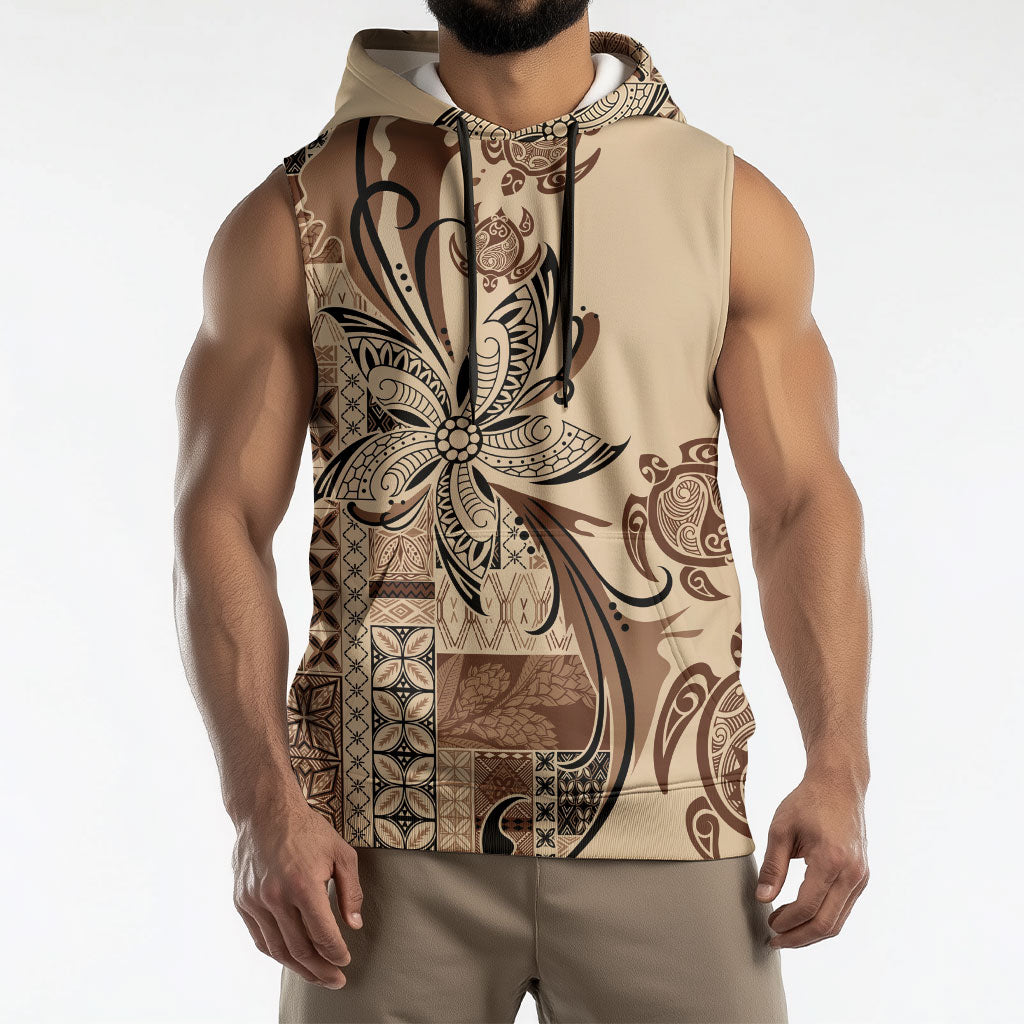 Talofa Samoa Mamanu Siapo Mix Malu Sleeveless Hoodie Classic Beige Frangipani and Turtles LT7 - Polynesian Pride
