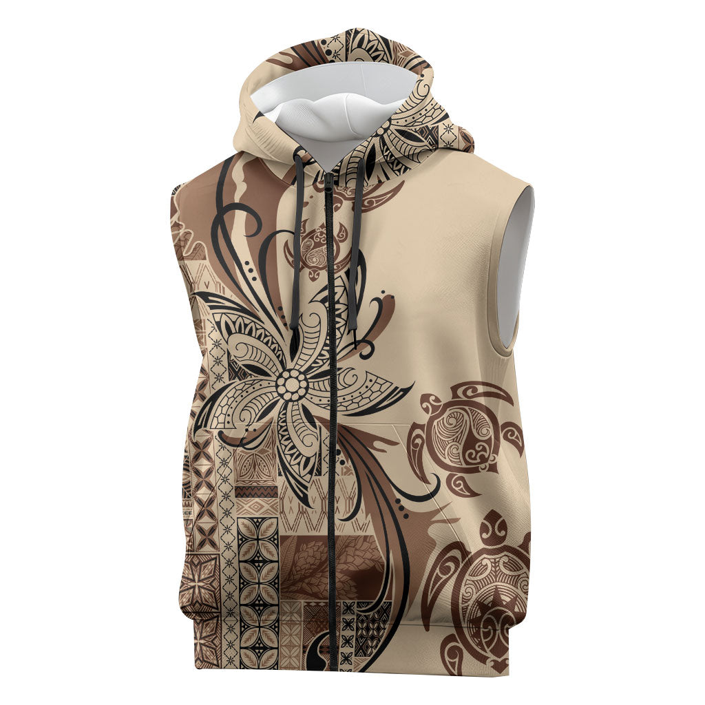 Talofa Samoa Mamanu Siapo Mix Malu Sleeveless Zip Hoodie Classic Beige Frangipani and Turtles