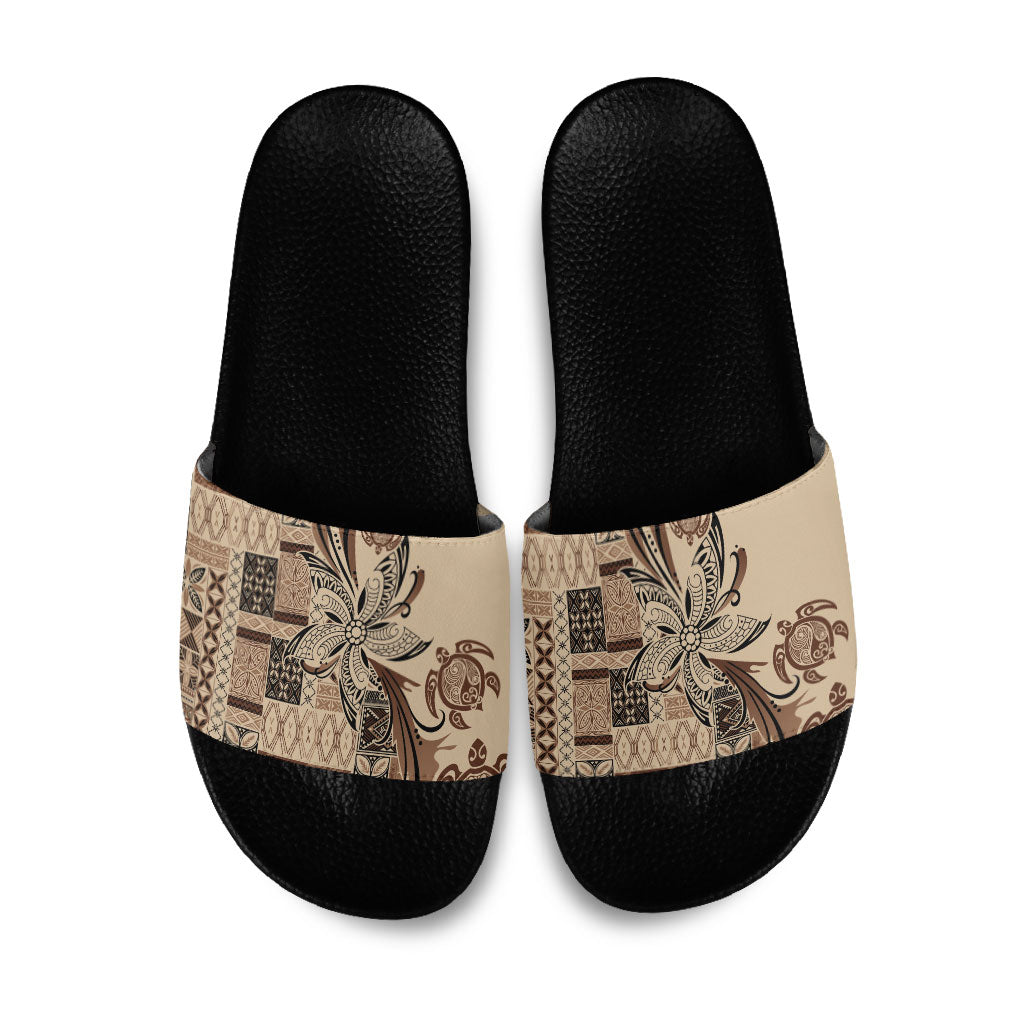 Talofa Samoa Mamanu Siapo Mix Malu Slide Sandals Classic Beige Frangipani and Turtles