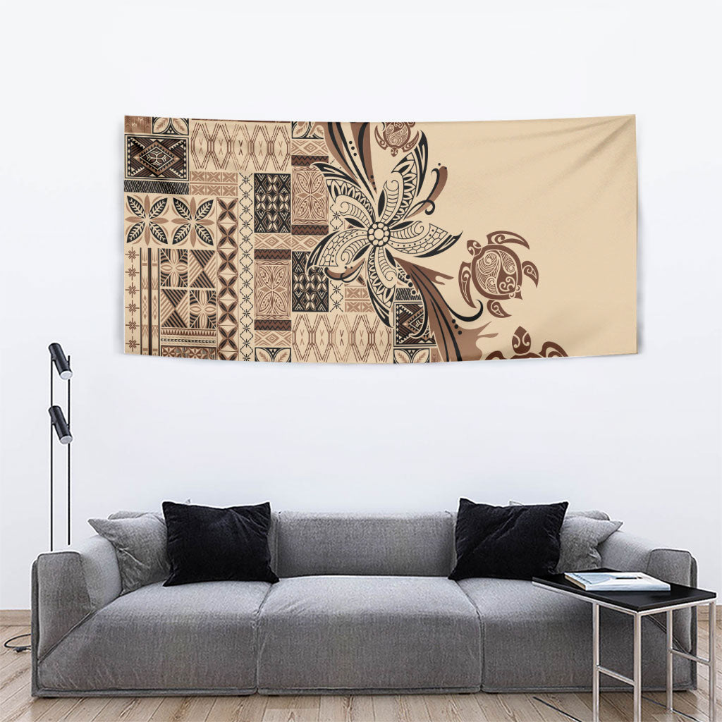 Talofa Samoa Mamanu Siapo Mix Malu Tapestry Classic Beige Frangipani and Turtles