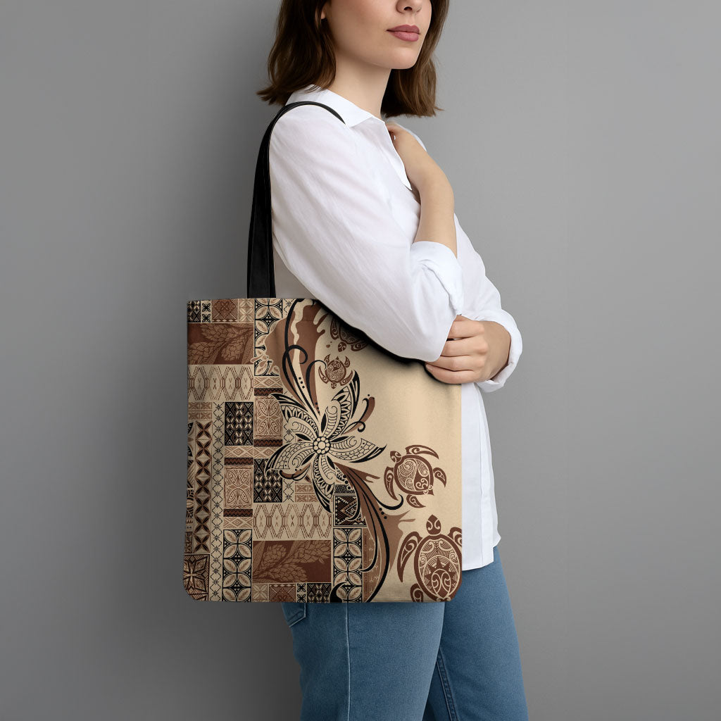 Talofa Samoa Mamanu Siapo Mix Malu Tote Bag Classic Beige Frangipani and Turtles