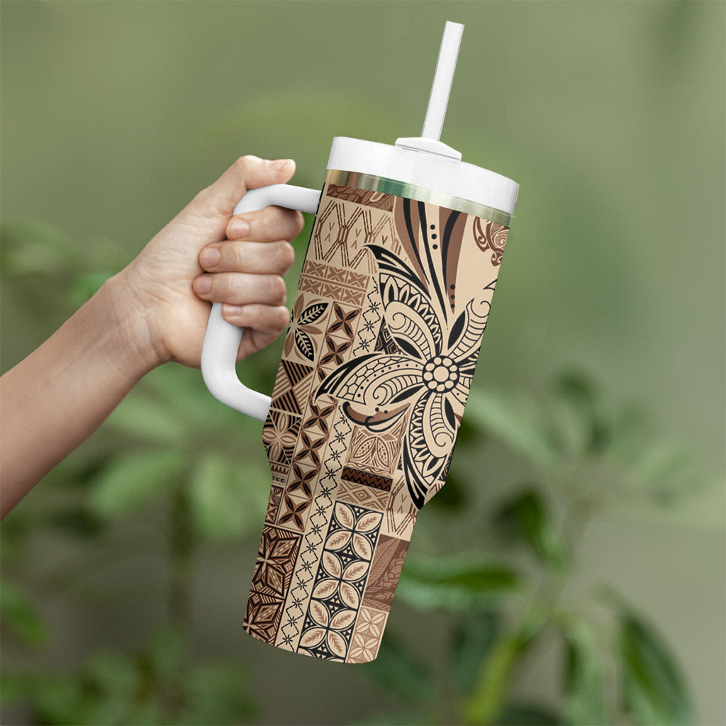 Talofa Samoa Mamanu Siapo Mix Malu Tumbler With Handle Classic Beige Frangipani and Turtles