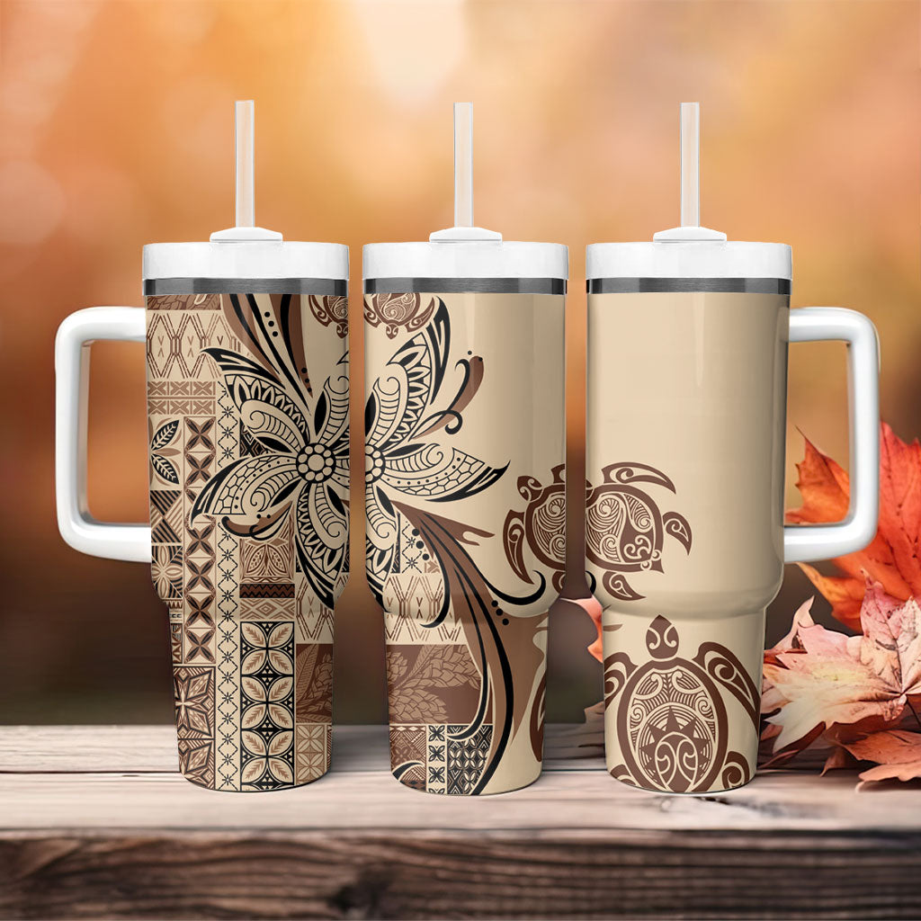 Talofa Samoa Mamanu Siapo Mix Malu Tumbler With Handle Classic Beige Frangipani and Turtles
