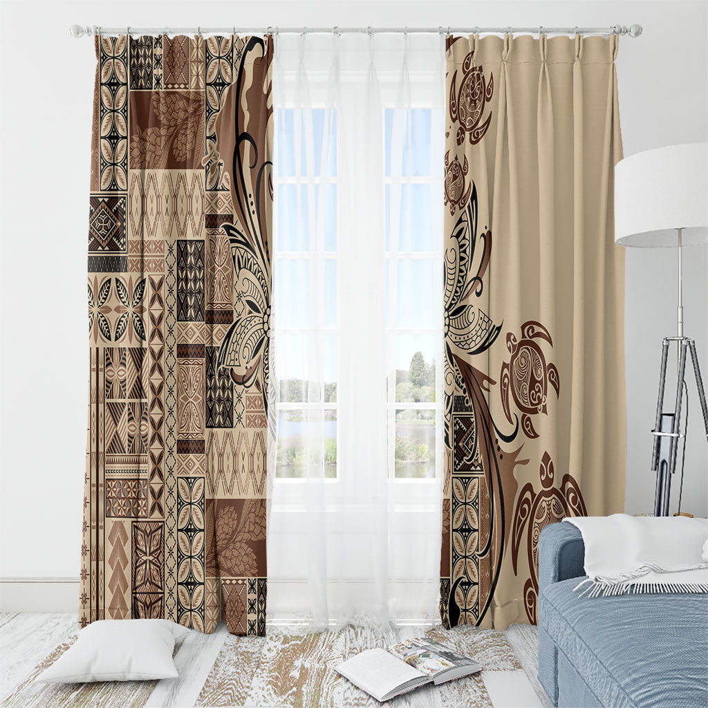 Talofa Samoa Mamanu Siapo Mix Malu Window Curtain Classic Beige Frangipani and Turtles