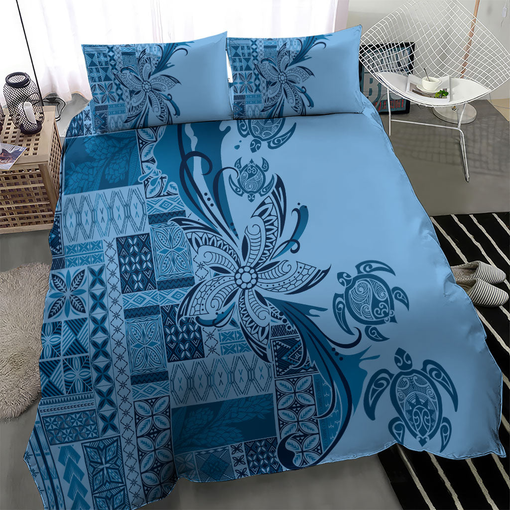 Talofa Samoa Mamanu Siapo Mix Malu Bedding Set Cool Blue Frangipani and Turtles