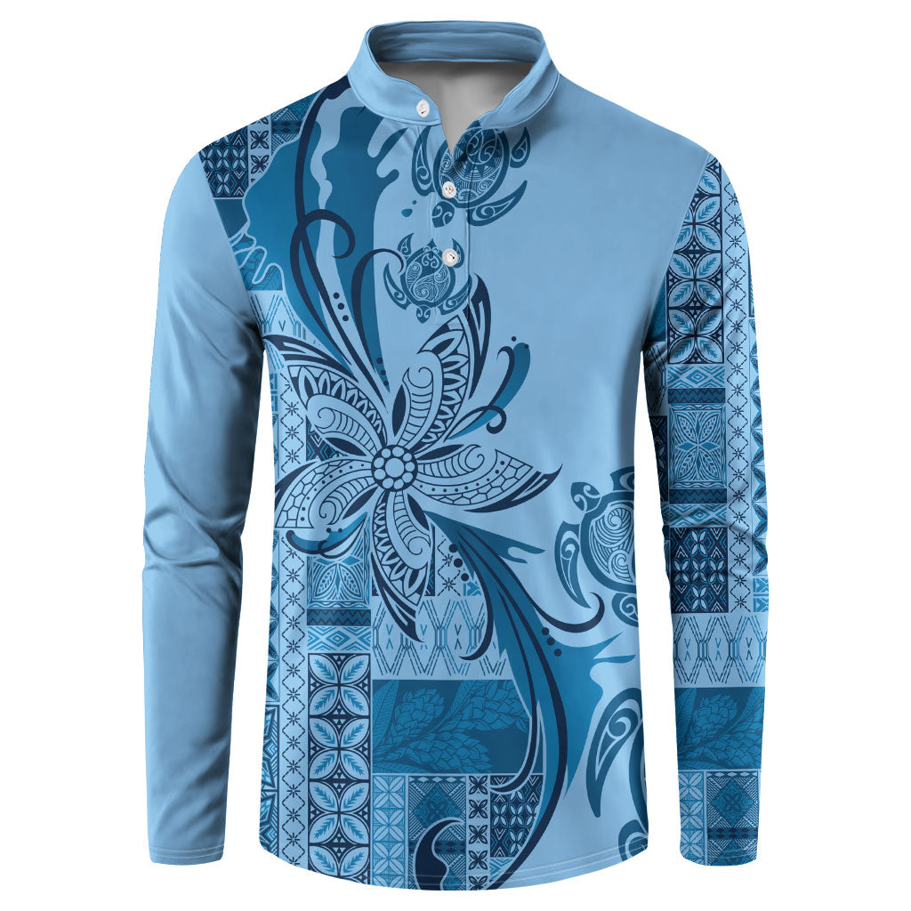 Talofa Samoa Mamanu Siapo Mix Malu Button Sweatshirt Cool Blue Frangipani and Turtles