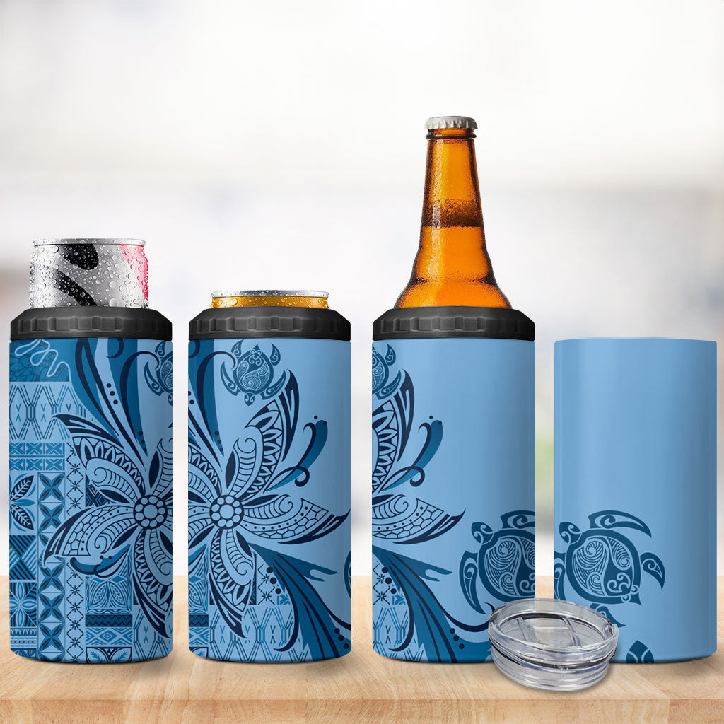 Talofa Samoa Mamanu Siapo Mix Malu 4 in 1 Can Cooler Tumbler Cool Blue Frangipani and Turtles LT7 - Polynesian Pride