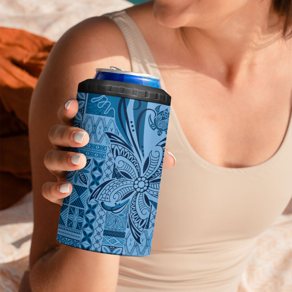 Talofa Samoa Mamanu Siapo Mix Malu 4 in 1 Can Cooler Tumbler Cool Blue Frangipani and Turtles LT7 - Polynesian Pride