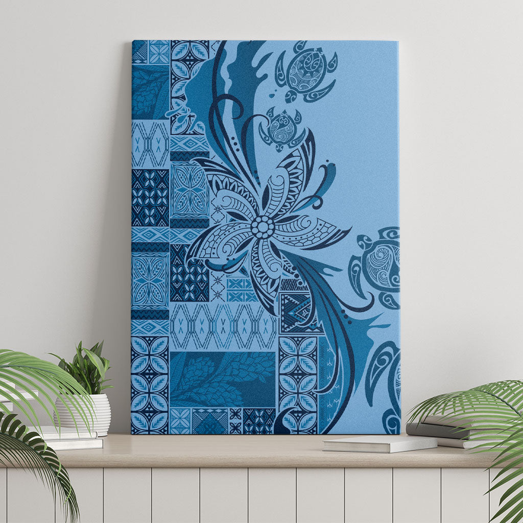 Talofa Samoa Mamanu Siapo Mix Malu Canvas Wall Art Cool Blue Frangipani and Turtles
