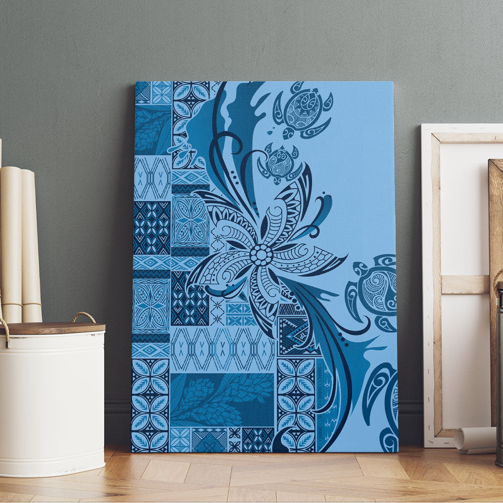 Talofa Samoa Mamanu Siapo Mix Malu Canvas Wall Art Cool Blue Frangipani and Turtles
