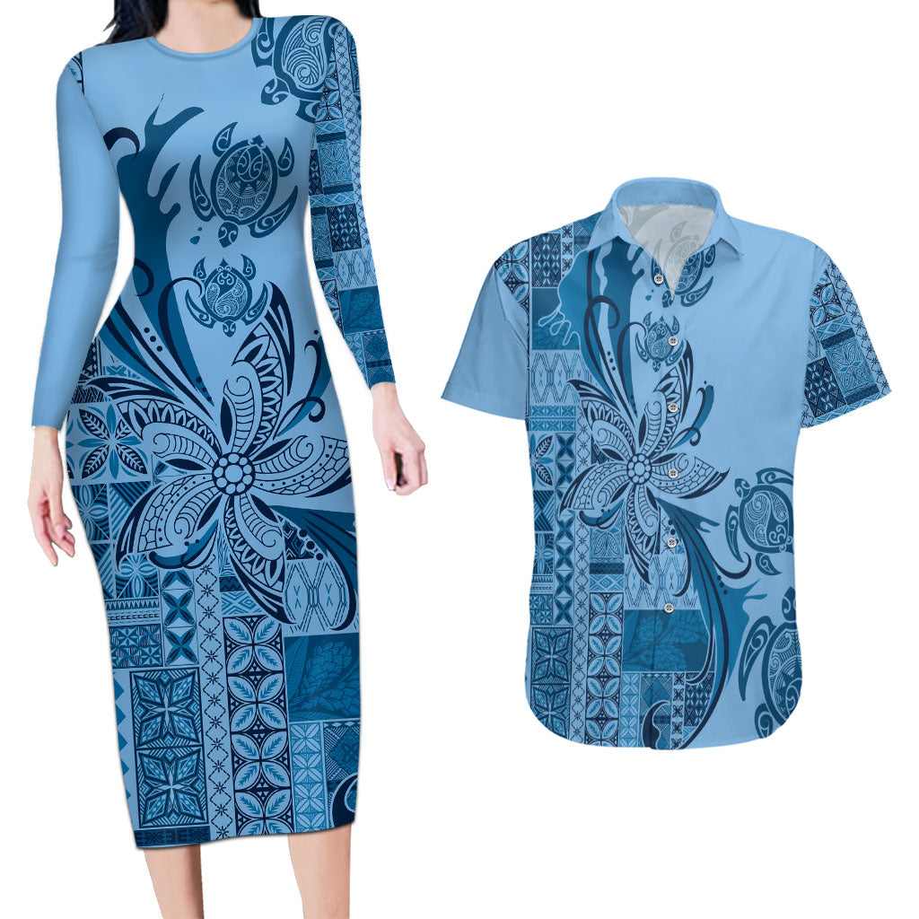 Talofa Samoa Mamanu Siapo Mix Malu Couples Matching Long Sleeve Bodycon Dress and Hawaiian Shirt Cool Blue Frangipani and Turtles