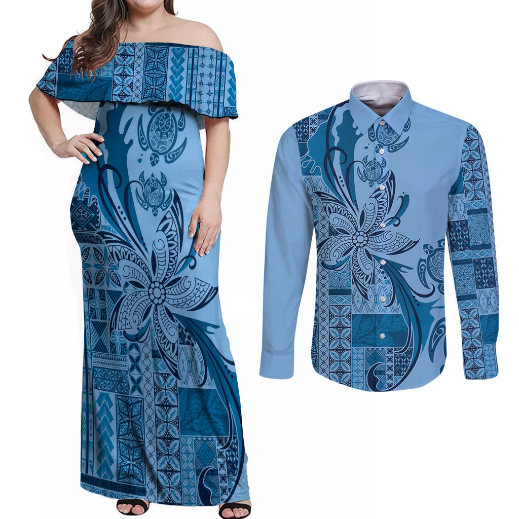 Talofa Samoa Mamanu Siapo Mix Malu Couples Matching Off Shoulder Maxi Dress and Long Sleeve Button Shirt Cool Blue Frangipani and Turtles LT7 Blue - Polynesian Pride