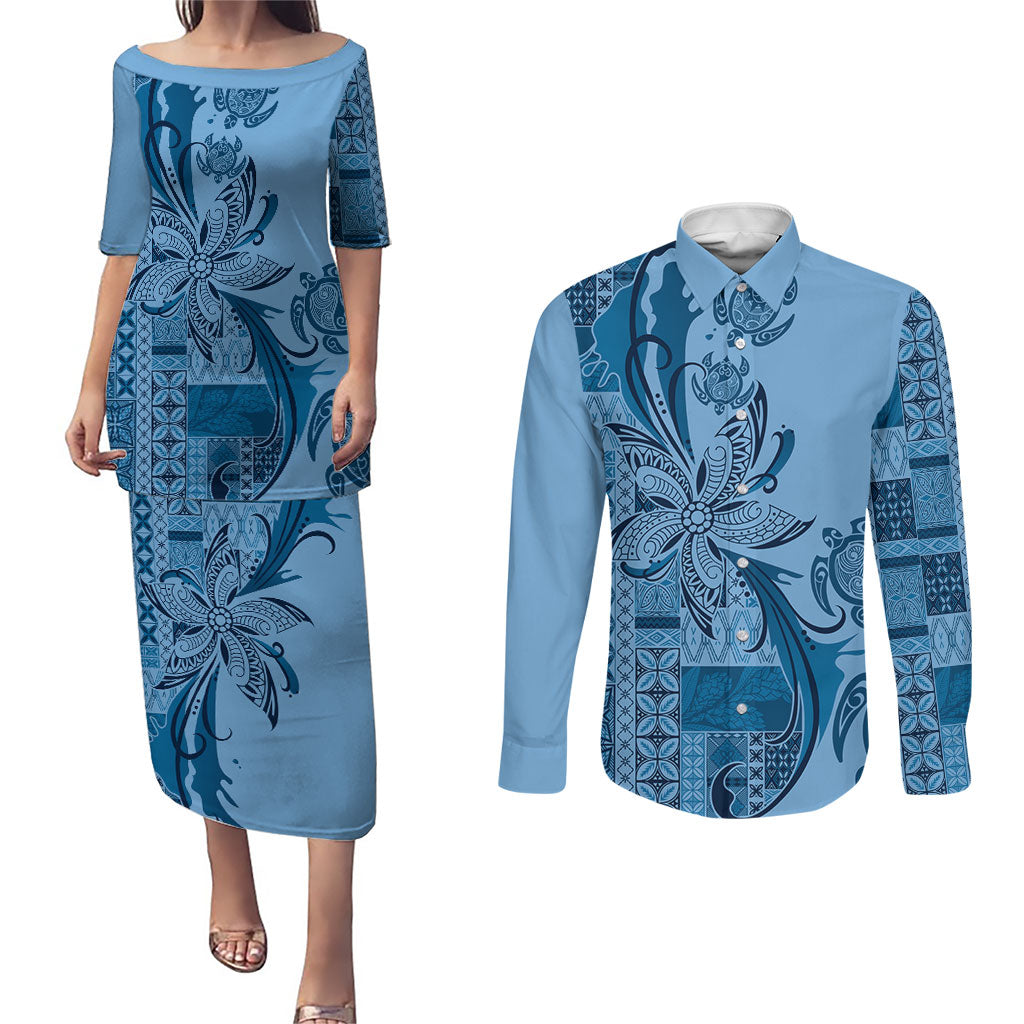 Talofa Samoa Mamanu Siapo Mix Malu Couples Matching Puletasi and Long Sleeve Button Shirt Cool Blue Frangipani and Turtles LT7 Blue - Polynesian Pride