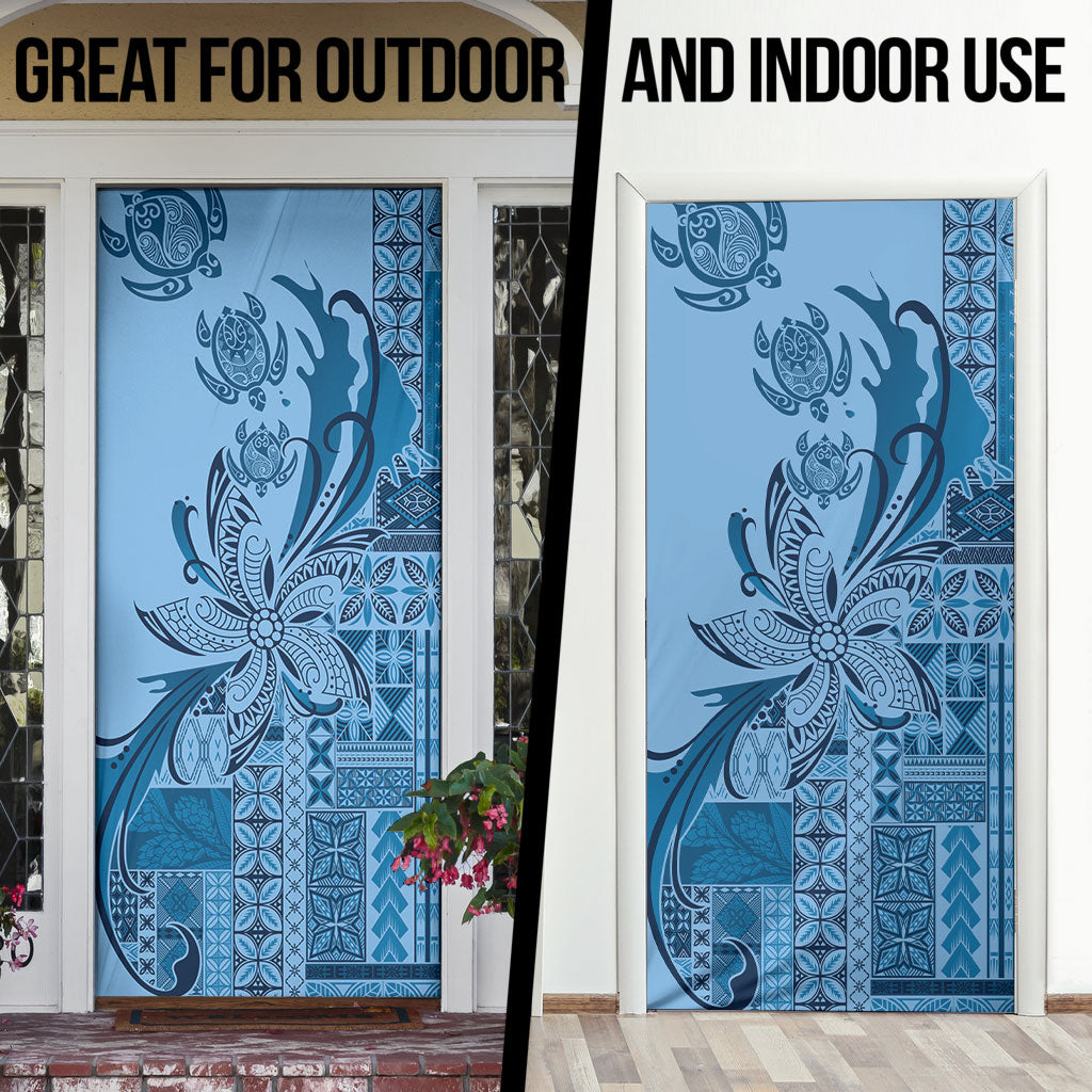 Talofa Samoa Mamanu Siapo Mix Malu Door Cover Cool Blue Frangipani and Turtles