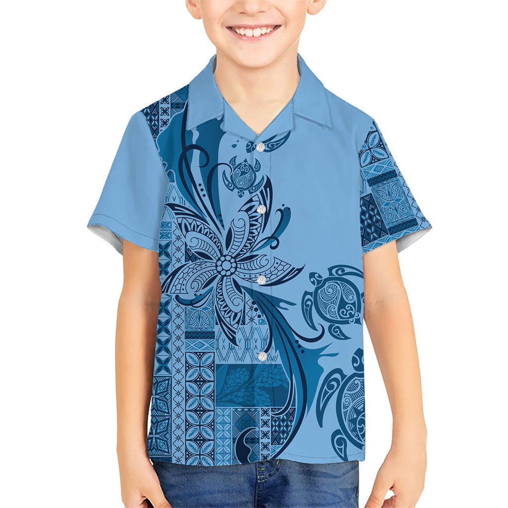 Talofa Samoa Mamanu Siapo Mix Malu Family Matching Long Sleeve Bodycon Dress and Hawaiian Shirt Cool Blue Frangipani and Turtles LT7 Son's Shirt Blue - Polynesian Pride