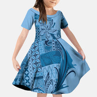 Talofa Samoa Mamanu Siapo Mix Malu Family Matching Mermaid Dress and Hawaiian Shirt Cool Blue Frangipani and Turtles LT7 Daughter's Dress Blue - Polynesian Pride
